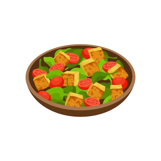 Vector ilustración de vector de ensalada de tofu frito comida vegana de espinacas y tofu