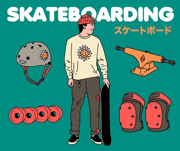 Ilustración de vector de equipo y equipo de skateboarding