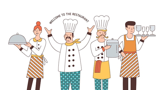 Ilustración de vector de equipo de restaurante. Buen servicio y excelente concepto de comida. Jefe, asistente de cocinero, camarero y personajes de dibujos animados de camarera. Personal de catering, trabajadores de café aislados sobre fondo blanco.