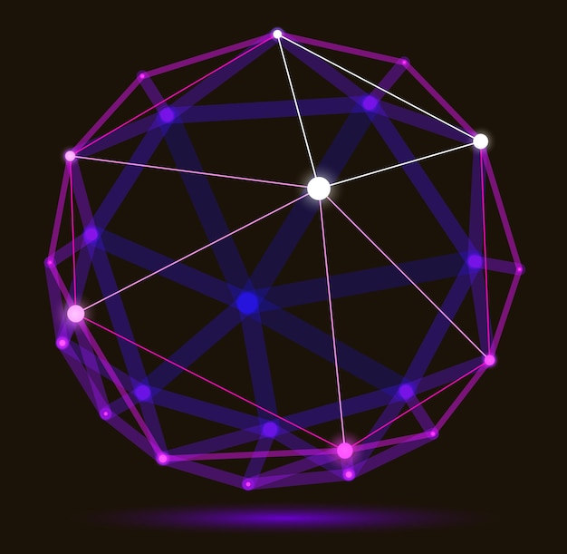 Ilustración de vector de esfera de malla 3D abstracto, puntos conectados con objeto poligonal de tecnología de líneas, celosía de tecnología y ciencia dinámica, con efecto de profundidad de campo realista.