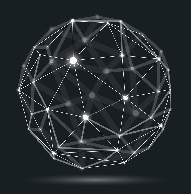 Vector ilustración de vector de esfera de malla 3d abstracto, puntos conectados con objeto poligonal de tecnología de líneas, celosía de tecnología y ciencia dinámica, con efecto de profundidad de campo realista.
