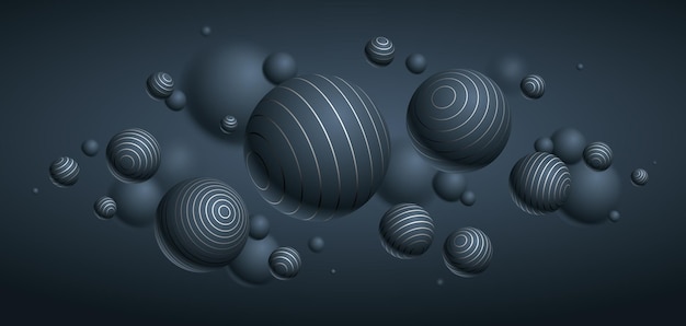 Ilustración de vector de esferas alineadas realistas, fondo abstracto con hermosas bolas con líneas y efecto de profundidad de campo, arte conceptual de diseño de globos 3D.
