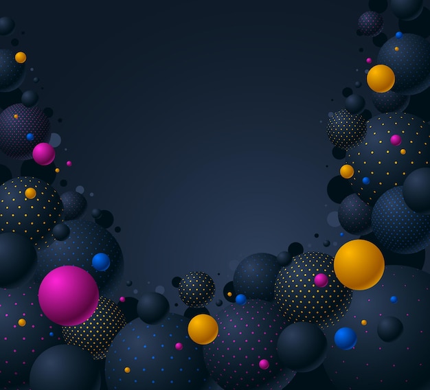 Ilustración de vector de esferas punteadas de color negro y con espacio de copia, fondo abstracto con hermosas bolas con puntos, arte conceptual de diseño de globos 3D.
