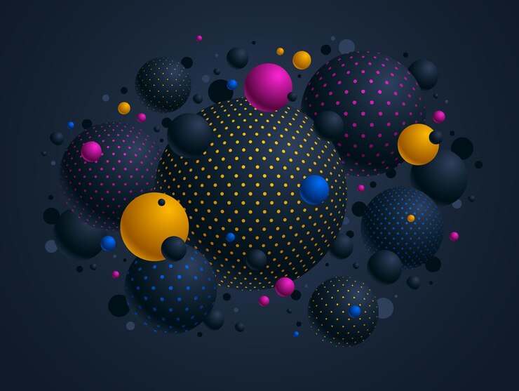 Vector ilustración de vector de esferas punteadas de color negro y, fondo abstracto con hermosas bolas con puntos, arte conceptual de diseño de globos 3d.