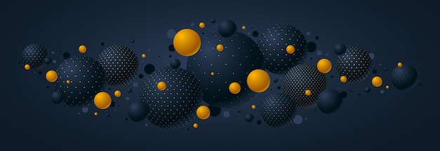 Ilustración de vector de esferas punteadas negras y amarillas, fondo abstracto con hermosas bolas con puntos, arte conceptual de diseño de globos 3D.
