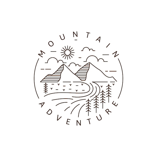 Ilustración de vector de estilo de arte de línea o monoline al aire libre de aventura de montaña