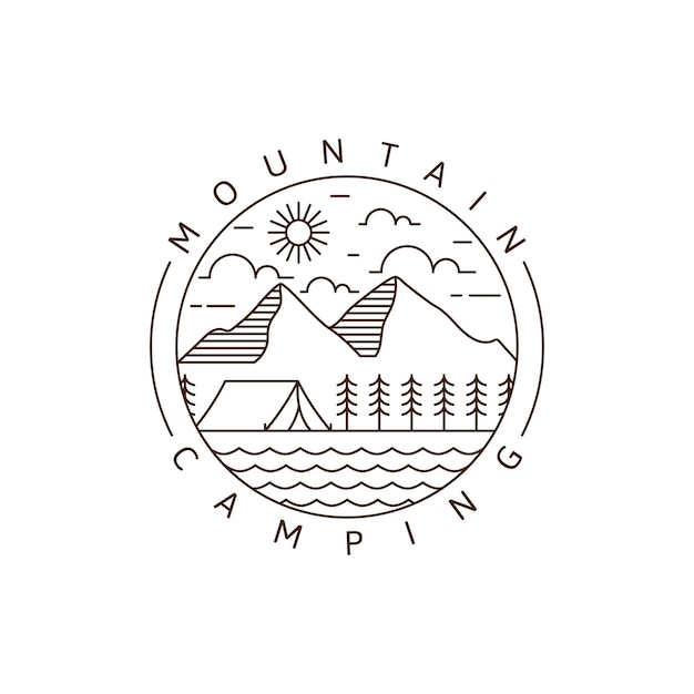 Ilustración de vector de estilo de arte lineal o monoline de montaña y camping