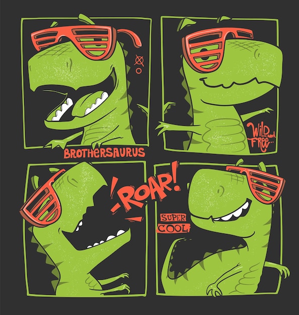Ilustración de vector de estilo cómico de dinosaurios divertidos Diseño de camiseta para niños