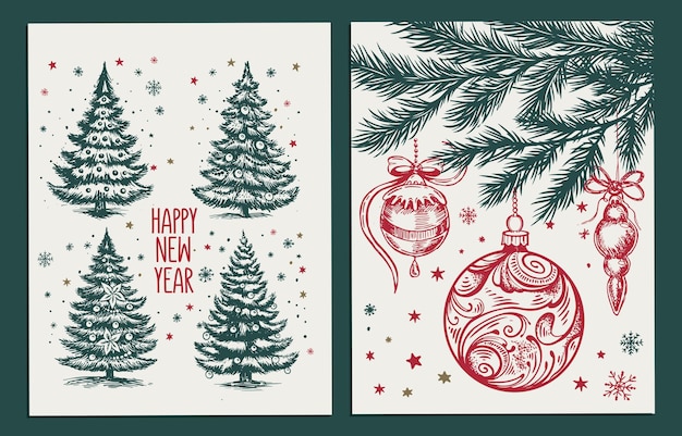 Ilustración de vector de estilo dibujado a mano de juguetes de árbol de Navidad