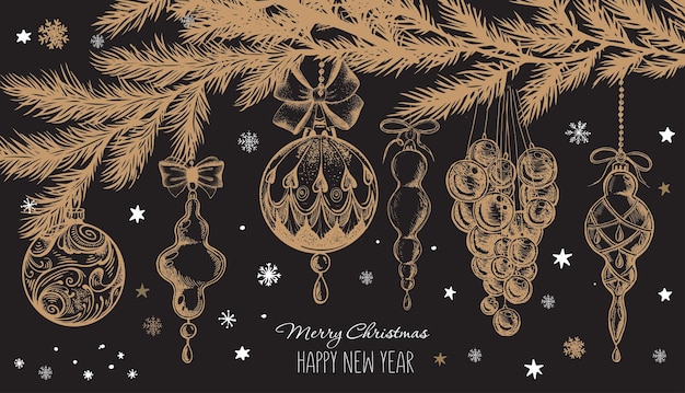 Ilustración de vector de estilo dibujado a mano de juguetes de árbol de Navidad