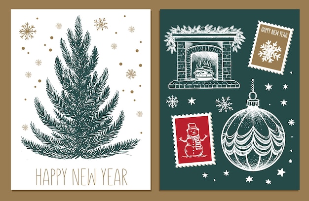 Ilustración de vector de estilo dibujado a mano de juguetes de árbol de Navidad