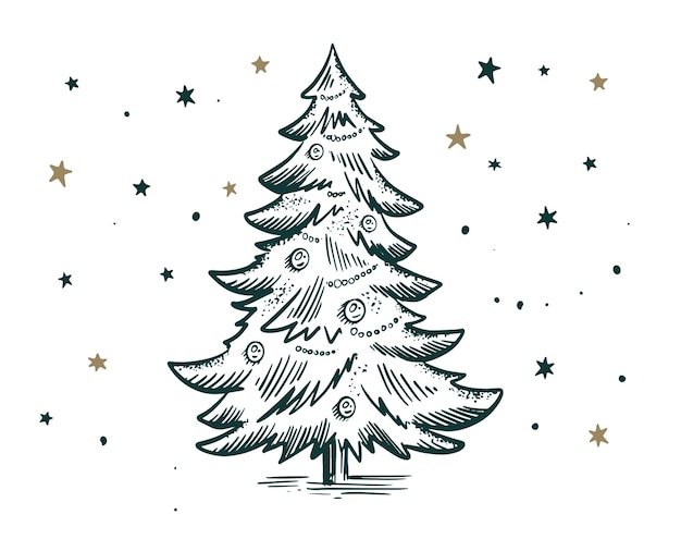 Ilustración de vector de estilo dibujado a mano de juguetes de árbol de Navidad