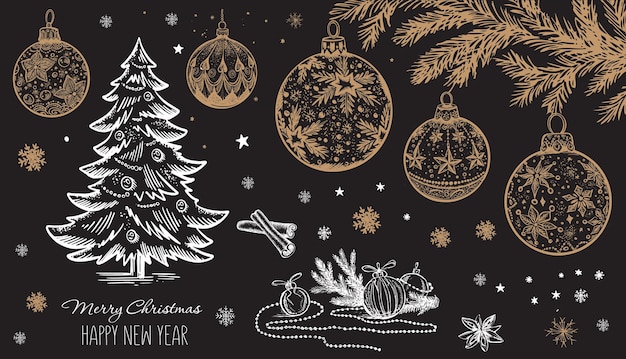 Ilustración de vector de estilo dibujado a mano de juguetes de árbol de Navidad