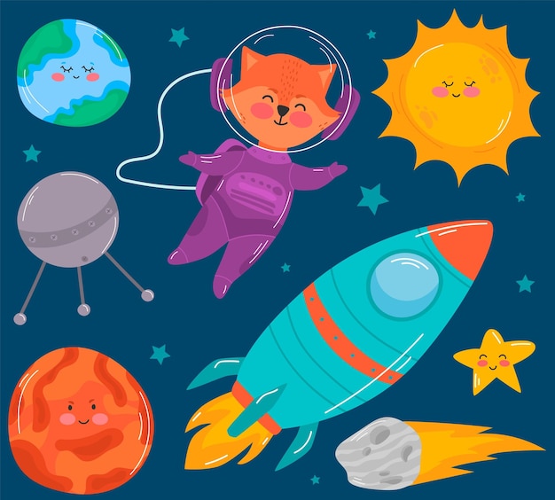 Ilustración de vector de estilo de dibujos animados de astronauta Ute Cosmonautas de dibujos animados fox en traje espacial Planetas del sistema solar