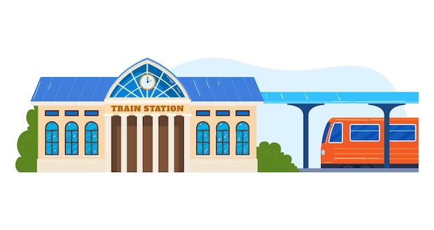 Ilustración de vector de estilo de dibujos animados de diseño de transporte urbano de plataforma de pasajeros de viaje de tren de transporte de estación de ferrocarril