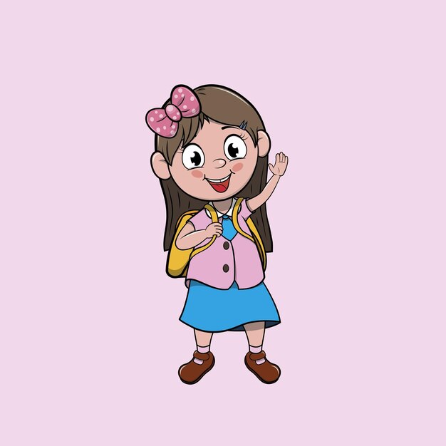 Ilustración de vector de estilo de dibujos animados niña linda saludando