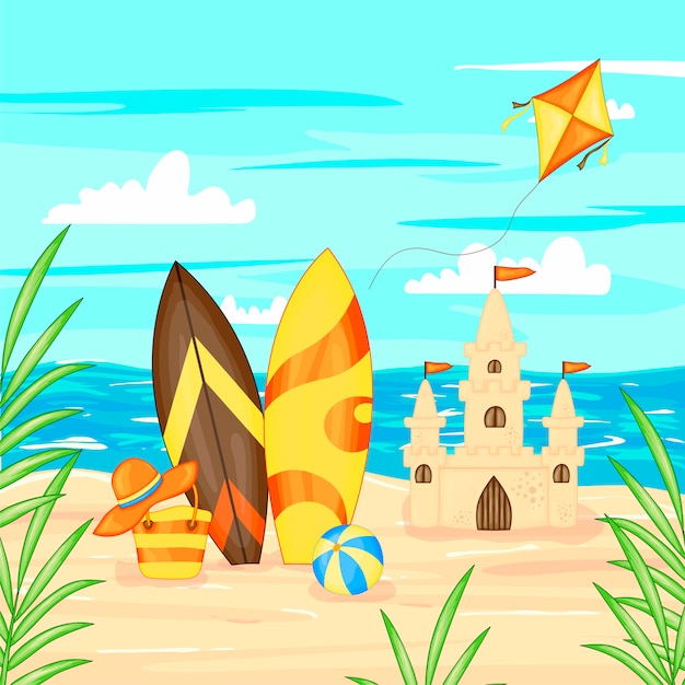 Ilustración del vector en estilo de dibujos animados. Paisaje de verano mar y arena.