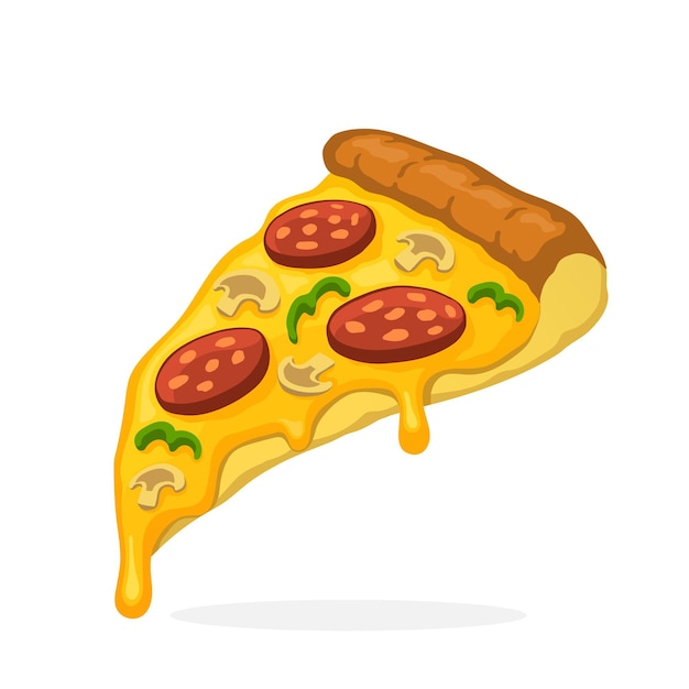 Ilustración de vector de estilo de dibujos animados Rebanada de pizza con pepperoni de queso derretido y champiñones