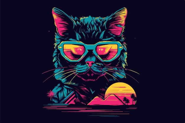 Ilustración de vector de estilo neon cat 80s