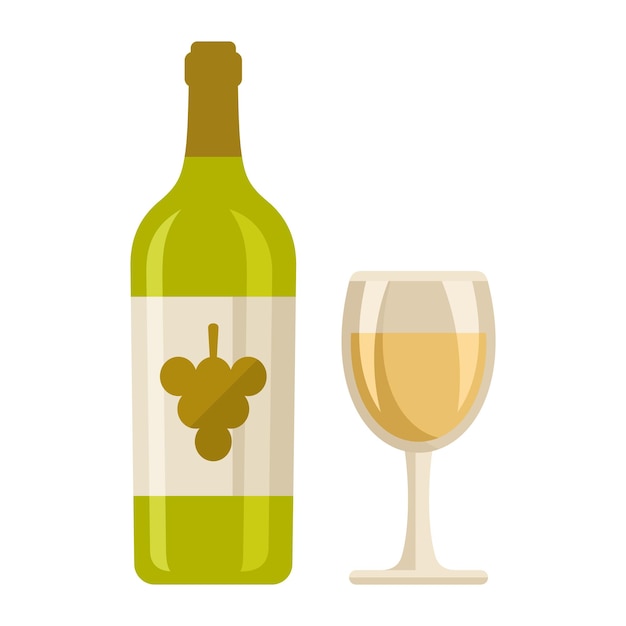 Ilustración de vector de estilo plano blanco blanco Botella de vino y vidrio