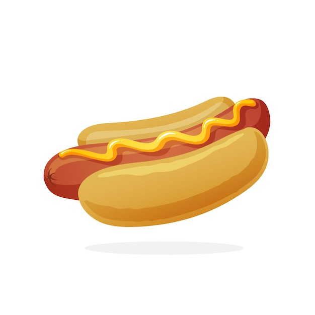 Ilustración de vector de estilo plano Hot dog con mostaza Salchicha en un bollo Comida no saludable