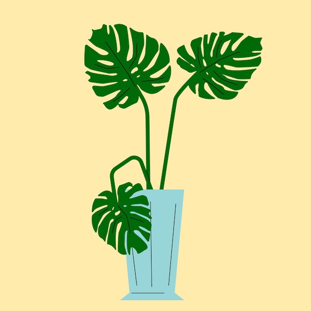 Ilustración de vector de estilo plano de maceta de monstera en maceta. Florero azul, flor exótica verde