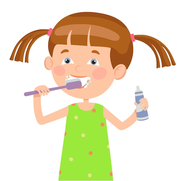 Ilustración de vector de estilo plano la niña se cepilla los dientes cuida sus dientes