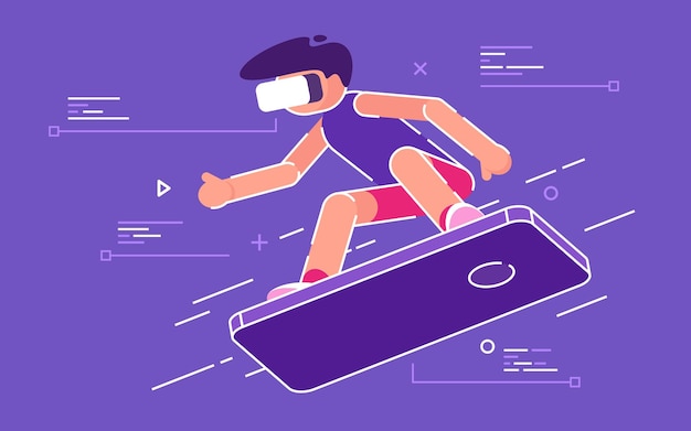 Ilustración de vector de estilo plano de un niño con auriculares Vr montando el teléfono celular.