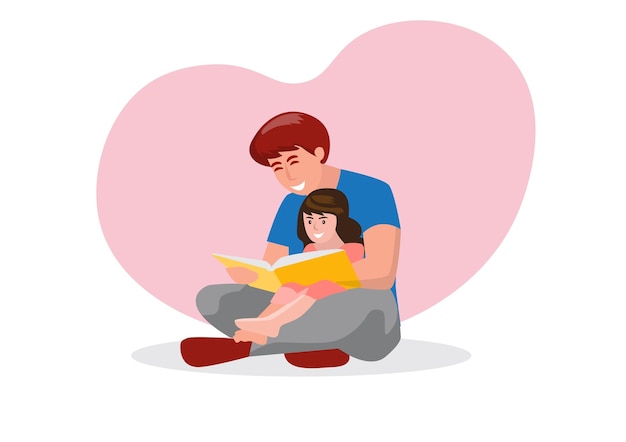 Ilustración de vector de estilo plano de padre e hija leyendo libros juntos El padre le cuenta a la hija la historia de la familia estudiando juntos niño sentado en el regazo de los padres