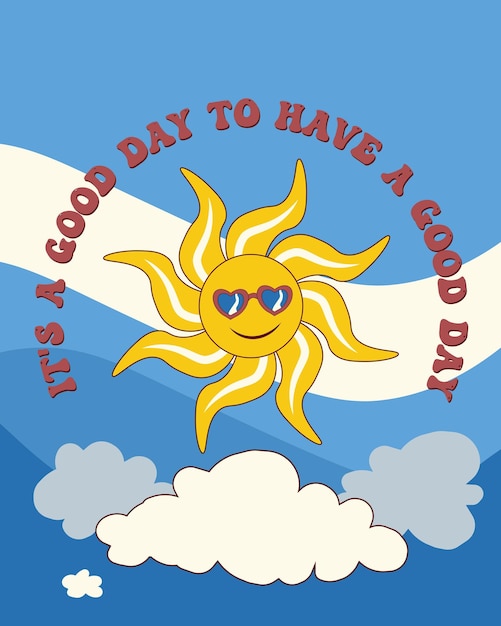 Ilustración de vector en estilo psicodélico retro maravilloso con sol en gafas de sol en forma de corazón y texto
