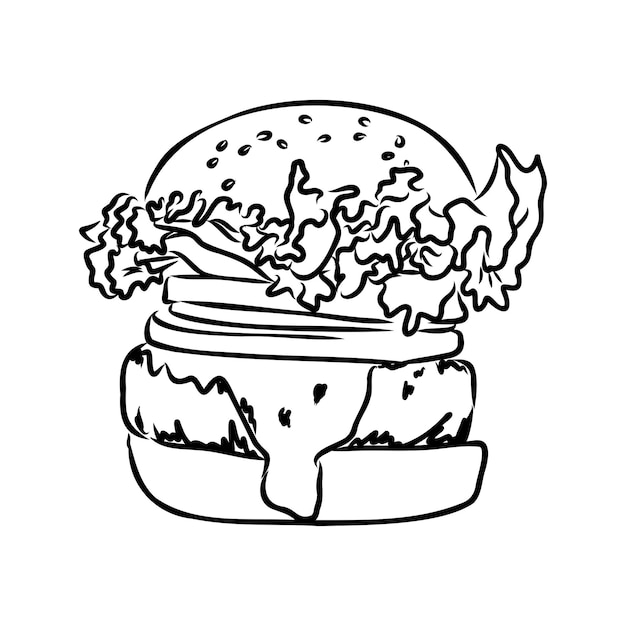 Ilustración de vector de estilo vintage de boceto de contorno negro de hamburguesa