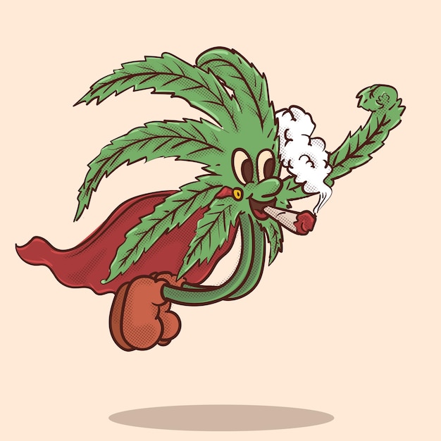 Vector ilustración de vector de estilo vintage de mascota de cannabis de superhéroe de cáñamo de cena voladora