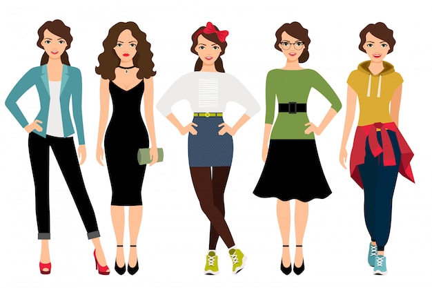 Vector ilustración de vector de estilos de moda de mujer. modelo femenino en ropa casual, adolescente y negocios aislados.