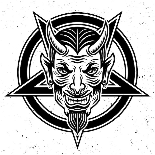 Vector ilustración de vector de estrella de pentagrama y cabeza de diablo en estilo monocromo aislado sobre fondo blanco