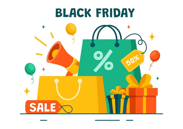 Ilustración de Vector de evento de venta de Viernes Negro con bolsas de compras y gran descuento de promoción