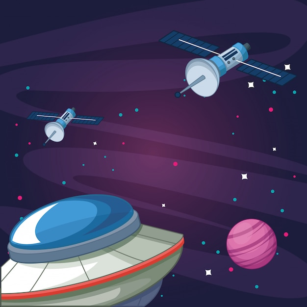 Ilustración de vector de exploración espacial del planeta galaxia estrellada de satélites ovni