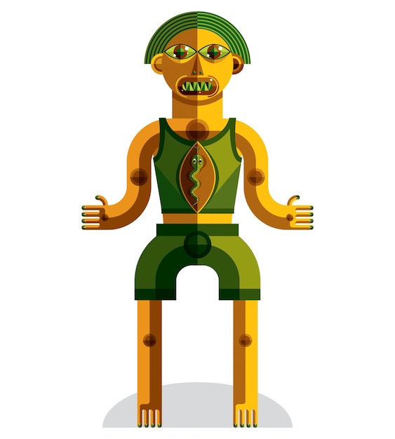 Ilustración de vector de extraño avatar modernista, imagen de tema de cubismo. Dibujo colorido de tótem espiritual, chamán fantástico aislado en blanco.
