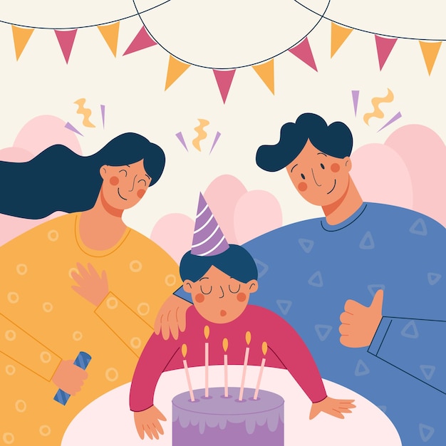 Ilustración de vector de familia celebrando el cumpleaños de su hijo juntos.