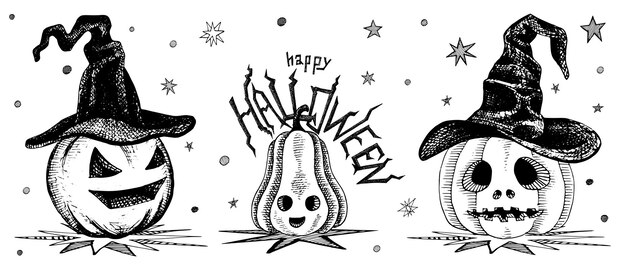Ilustración de vector de felicitaciones por calabazas de Halloween en sombreros de bruja y caligráfico