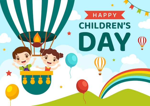 Ilustración de Vector de feliz día de los niños con niños y niñas en juguetes en dibujos animados planos de fondo