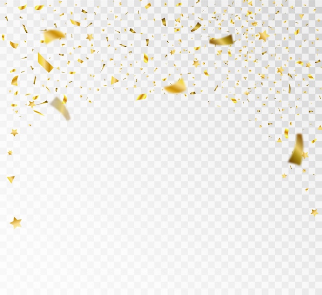 Ilustración de vector festivo con confeti dorado que cae con desenfoque aislado sobre fondo transparente