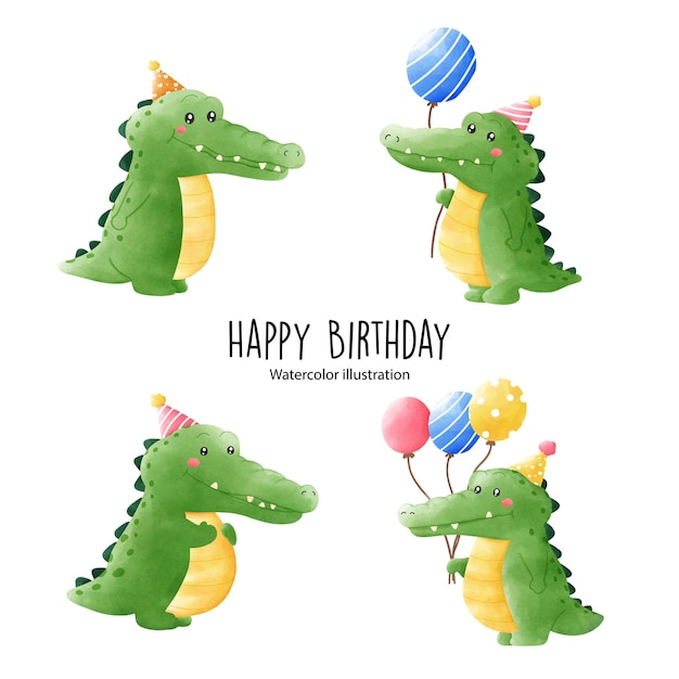 Ilustración de vector de fiesta de cumpleaños de cocodrilo lindo acuarela