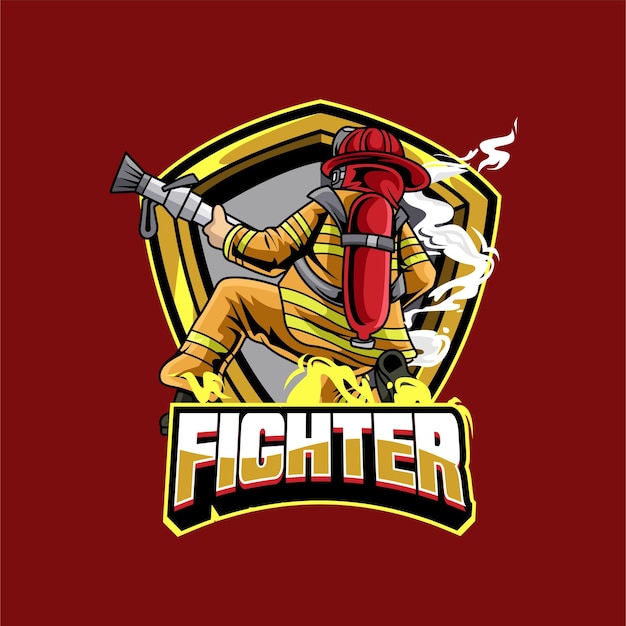 Vector ilustración vector fire fighter llevando una manguera de bomberos con el texto fighter logo de esport