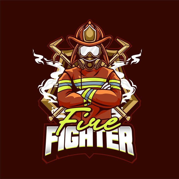 Ilustración Vector Fire Fighter usando máscara y gafas con texto Fire FIGHTER Logotipo de Esport