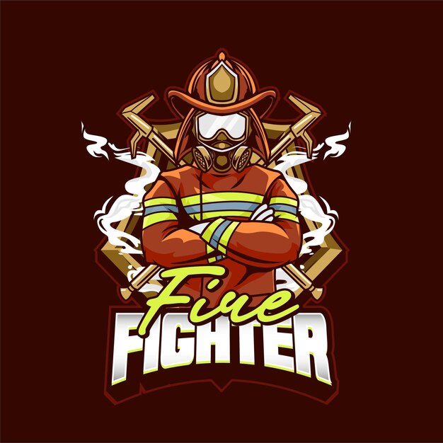 Ilustración vector fire fighter usando máscara y gafas con texto fire fighter logotipo de esport