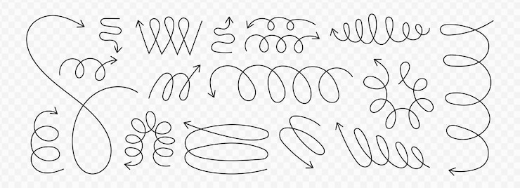 Vector ilustración de vector de flecha de resorte espiral de línea en fondo transparente diseño estético y2k elementos lineales minimalistas modernos flechas de contorno de moda diferentes formas de onda de bobina en zigzag