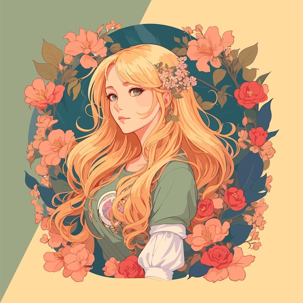 Ilustración de vector floral vibrante con una linda rubia para camisetas y plantillas de logotipos