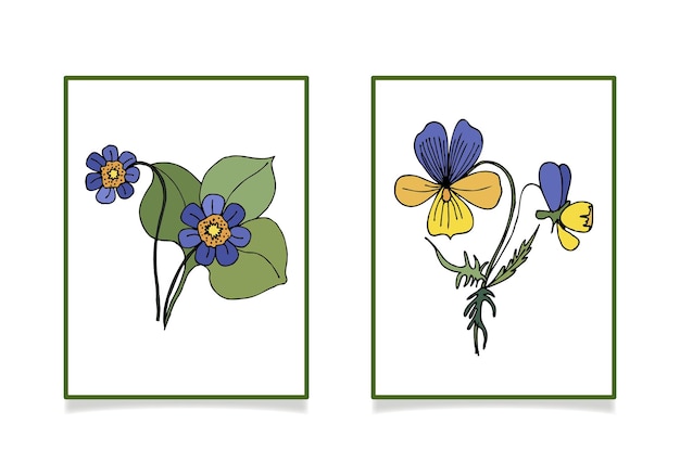 Ilustración de vector de flores silvestres Agrimonia noble y pensamientos violetas Dibujo a mano alzada