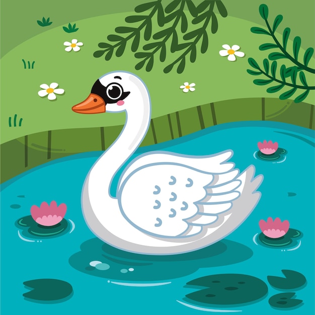 Ilustración de vector de flotadores de cisne de belleza de dibujos animados en el río.