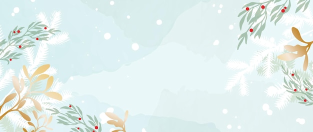 Ilustración de vector de fondo de arte de invierno acuarela. Hojas decorativas de invierno, abeto, abeto, dorado.